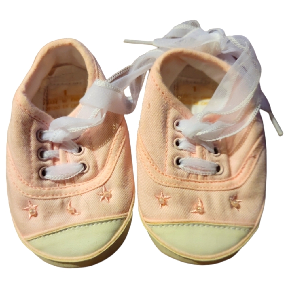Vtg Infant Baby Pink Booties Shoe's Beads Shear Ribbon Ties